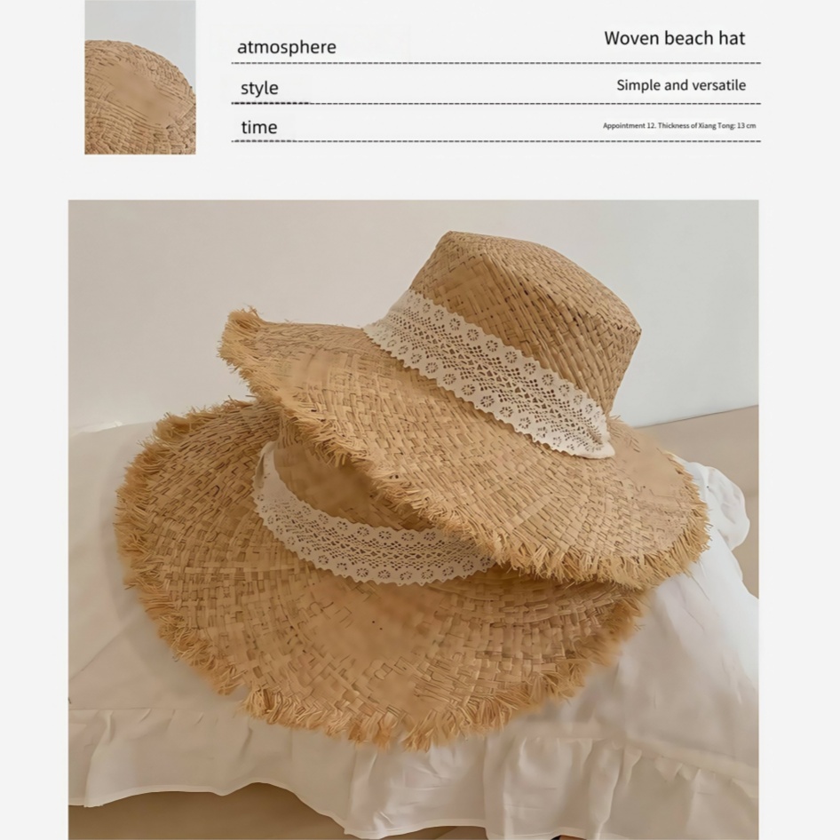 Straw Sun Hat with Lace Trim Wide Brim Beach Hat for women